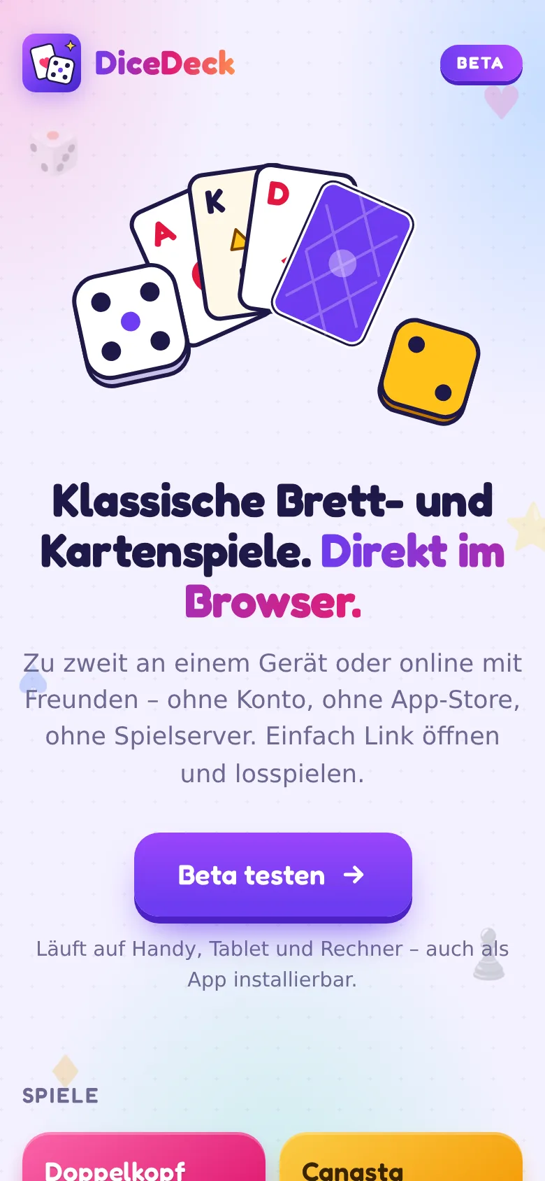 DiceDeck auf dem Handy: klassische Brett- und Kartenspiele direkt im Browser.