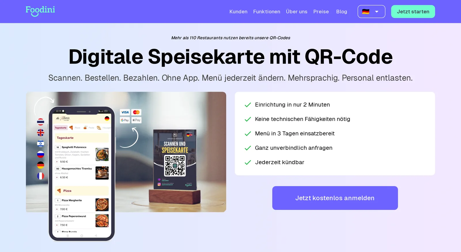 Foodini: digitale Speisekarte mit QR-Code, Bestellung und Bezahlung ohne App.