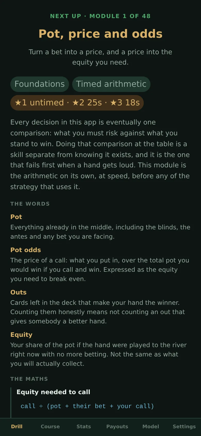 ICM Trainer auf dem Handy: Lernmodul zu Pot Odds.